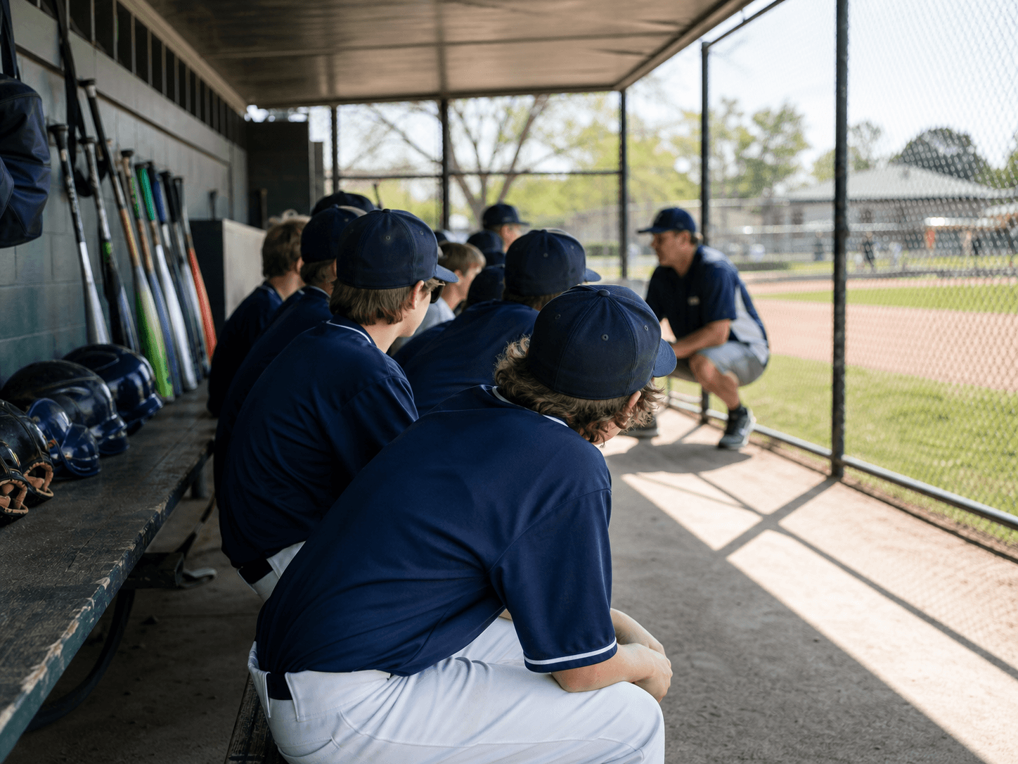 Youth baseball players listening to a coach in the dugout.