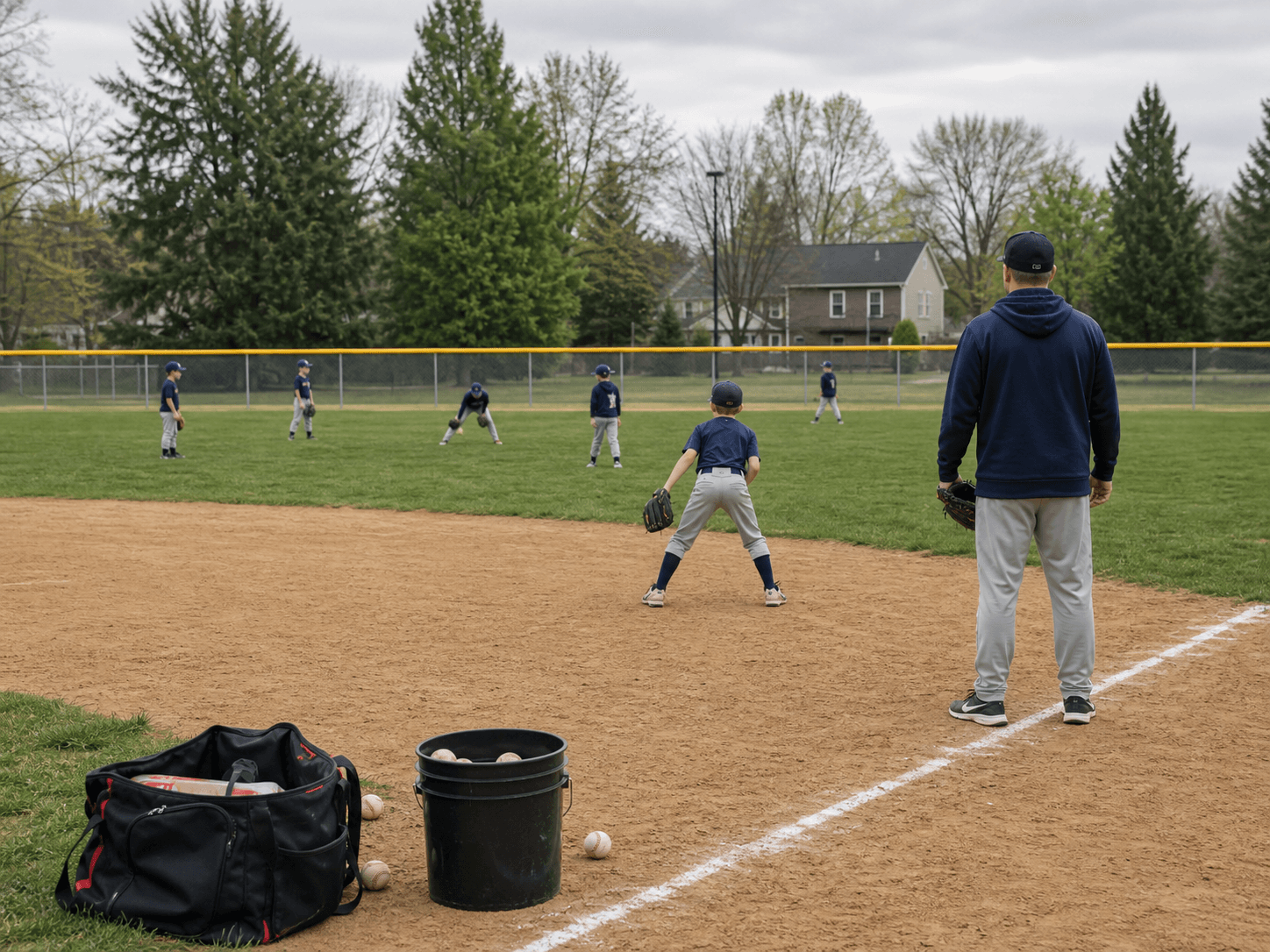 Youth baseball players spread across a field for practice.