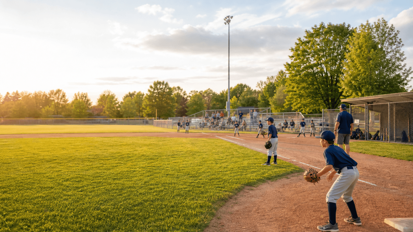 Youth baseball players warming up on a local field at sunset.
